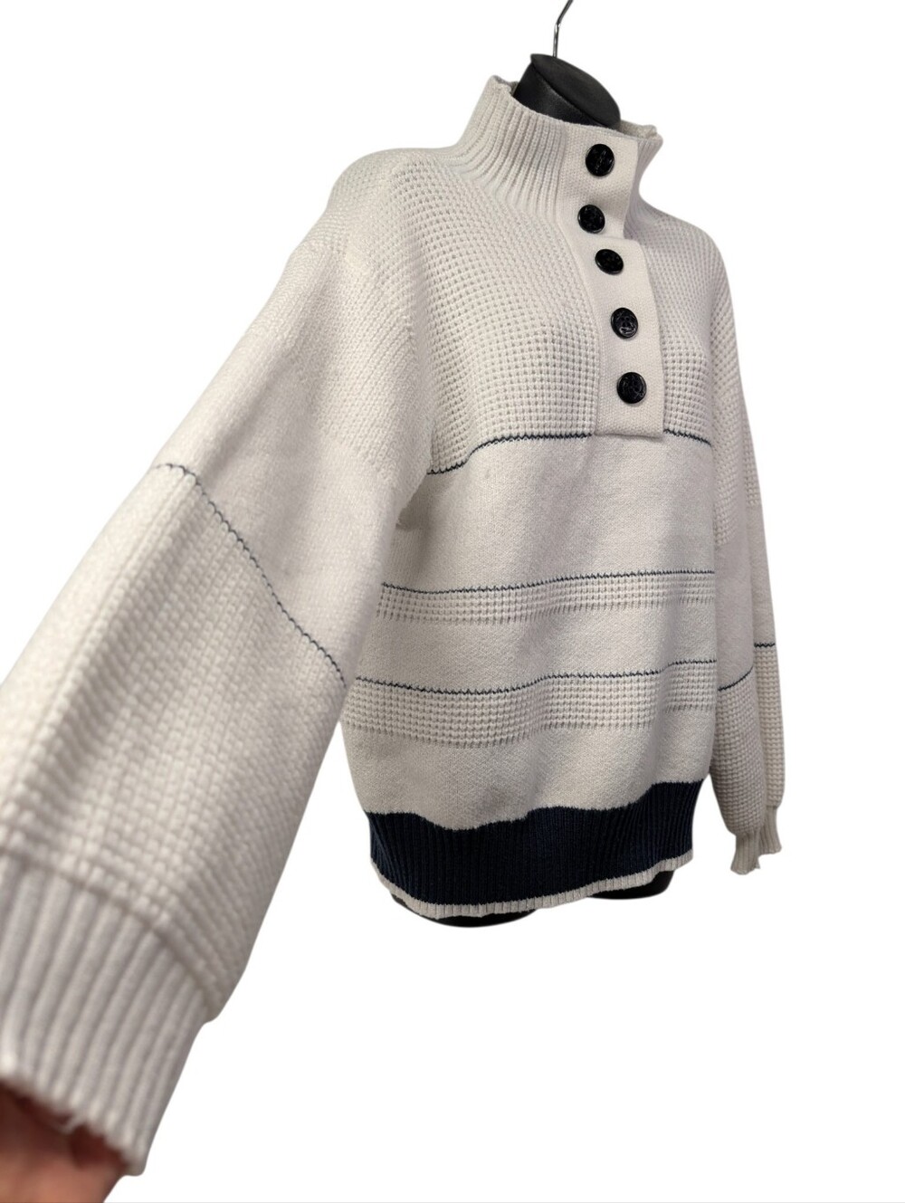Commense Cream Stripe Mock Neck Button Pullover Sweater Nautical Knit Large L - Picture 4 of 9